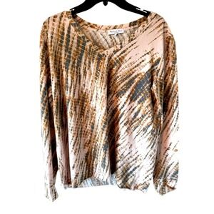 Michael Stars Long‎ Sleeve Tie Dye Top Round Neck Beige Brown Blouse